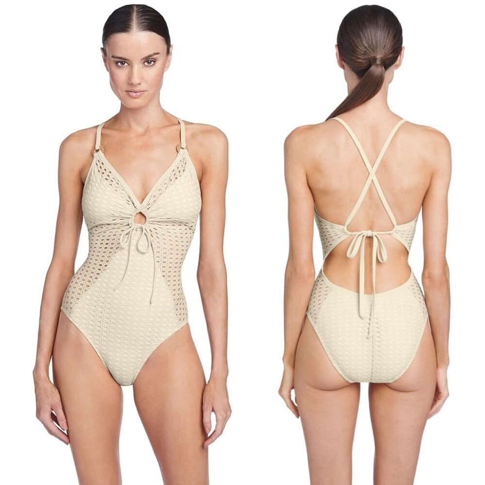 Robin Piccone Marlow One Piece SWIMSUIT Size 12 Ecru Beige Crochet NEW $179